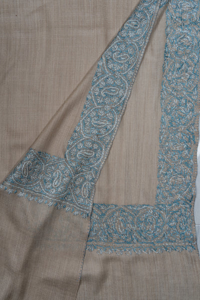 2.5 Yards Sozni Hand Embroidered Shawl in Ivory with Teal Floral Accents