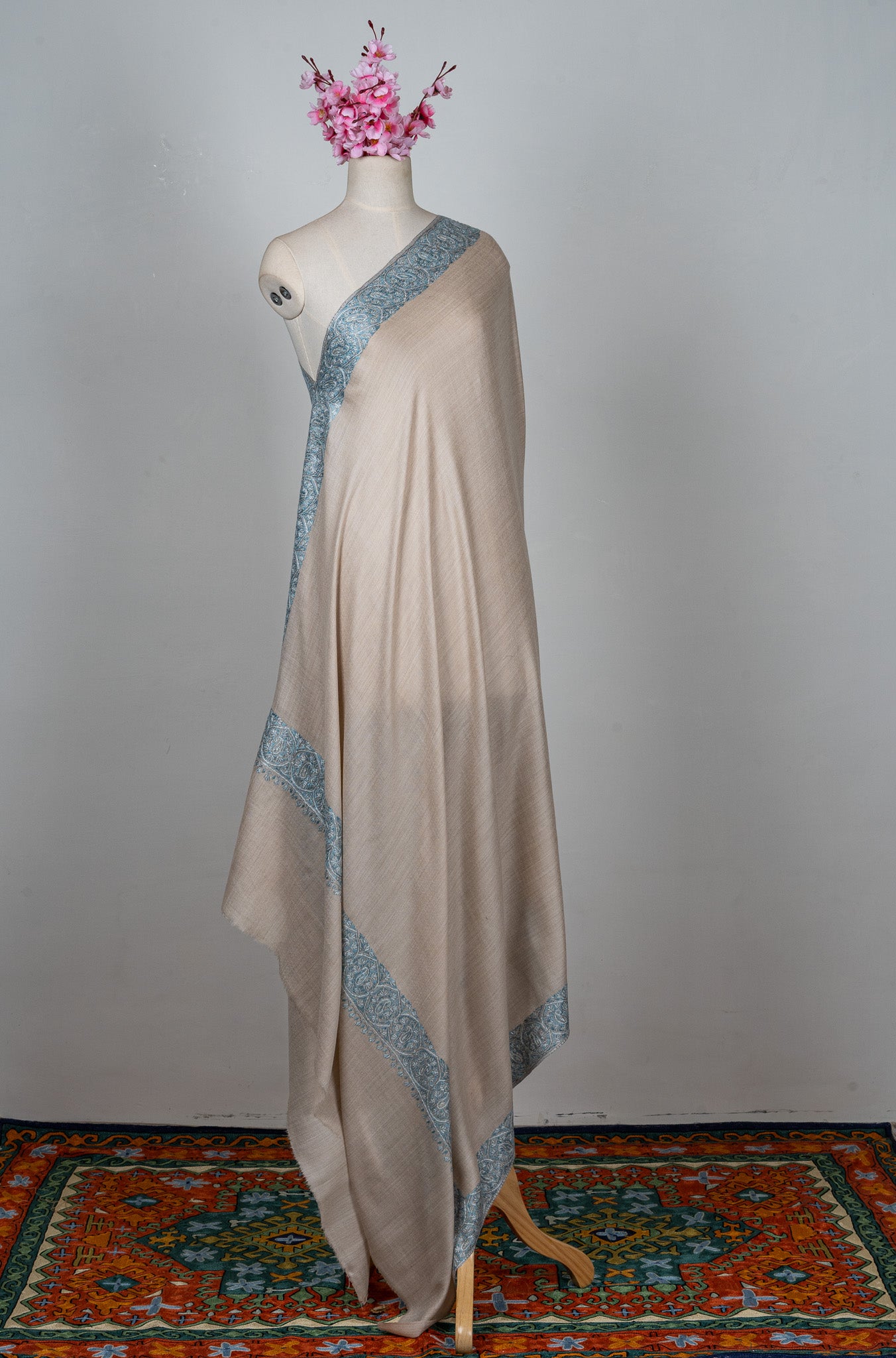 2.5 Yards Sozni Hand Embroidered Shawl in Ivory with Teal Floral Accents