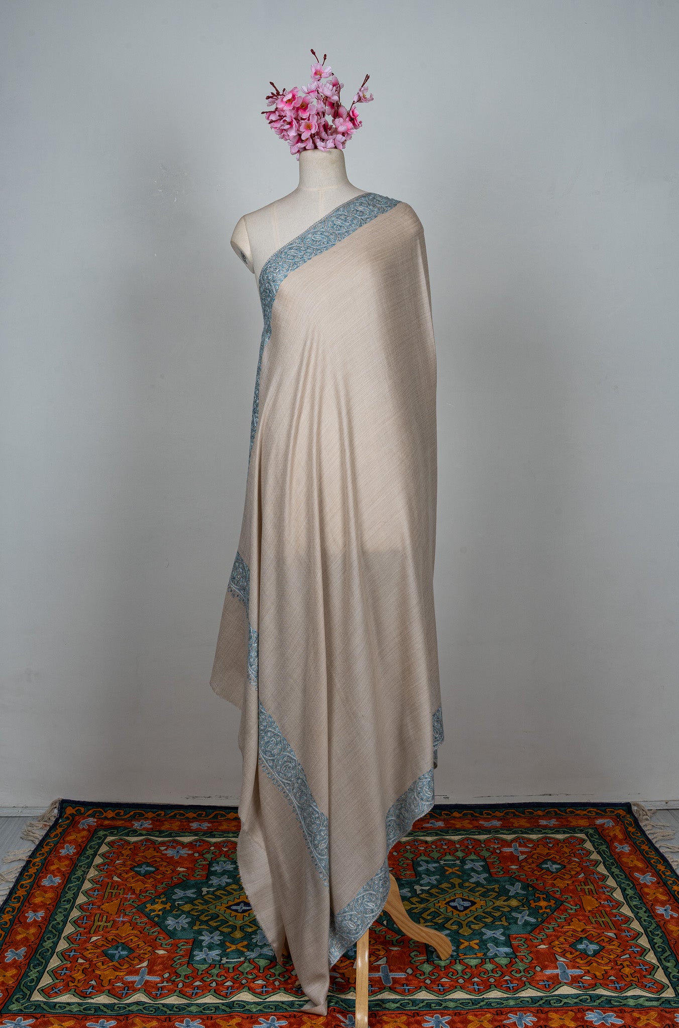 2.5 Yards Sozni Hand Embroidered Shawl in Ivory with Teal Floral Accents