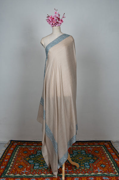 2.5 Yards Sozni Hand Embroidered Shawl in Ivory with Teal Floral Accents