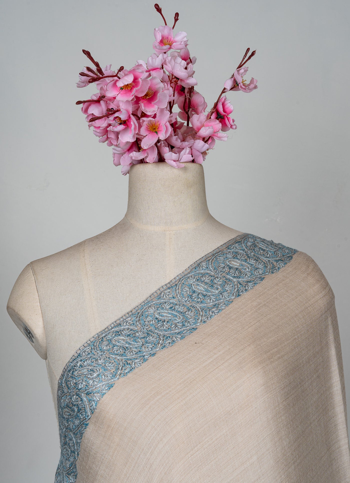 2.5 Yards Sozni Hand Embroidered Shawl in Ivory with Teal Floral Accents