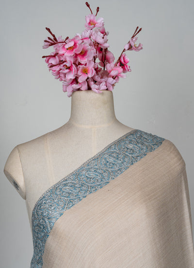 2.5 Yards Sozni Hand Embroidered Shawl in Ivory with Teal Floral Accents