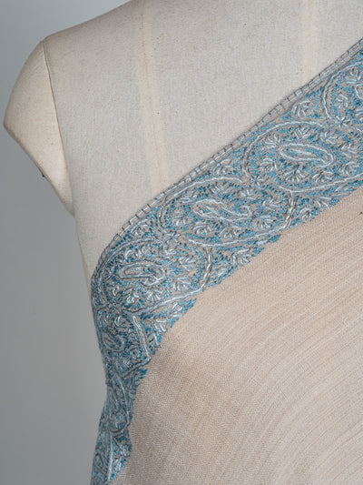 2.5 Yards Sozni Hand Embroidered Shawl in Ivory with Teal Floral Accents