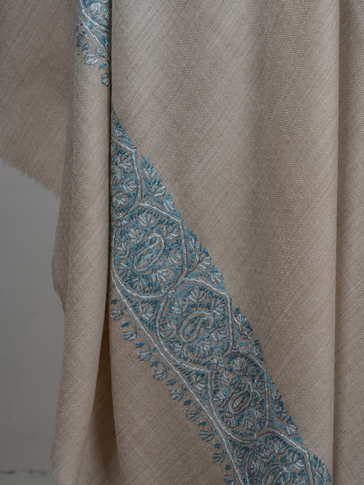 2.5 Yards Sozni Hand Embroidered Shawl in Ivory with Teal Floral Accents