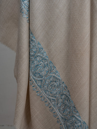2.5 Yards Sozni Hand Embroidered Shawl in Ivory with Teal Floral Accents