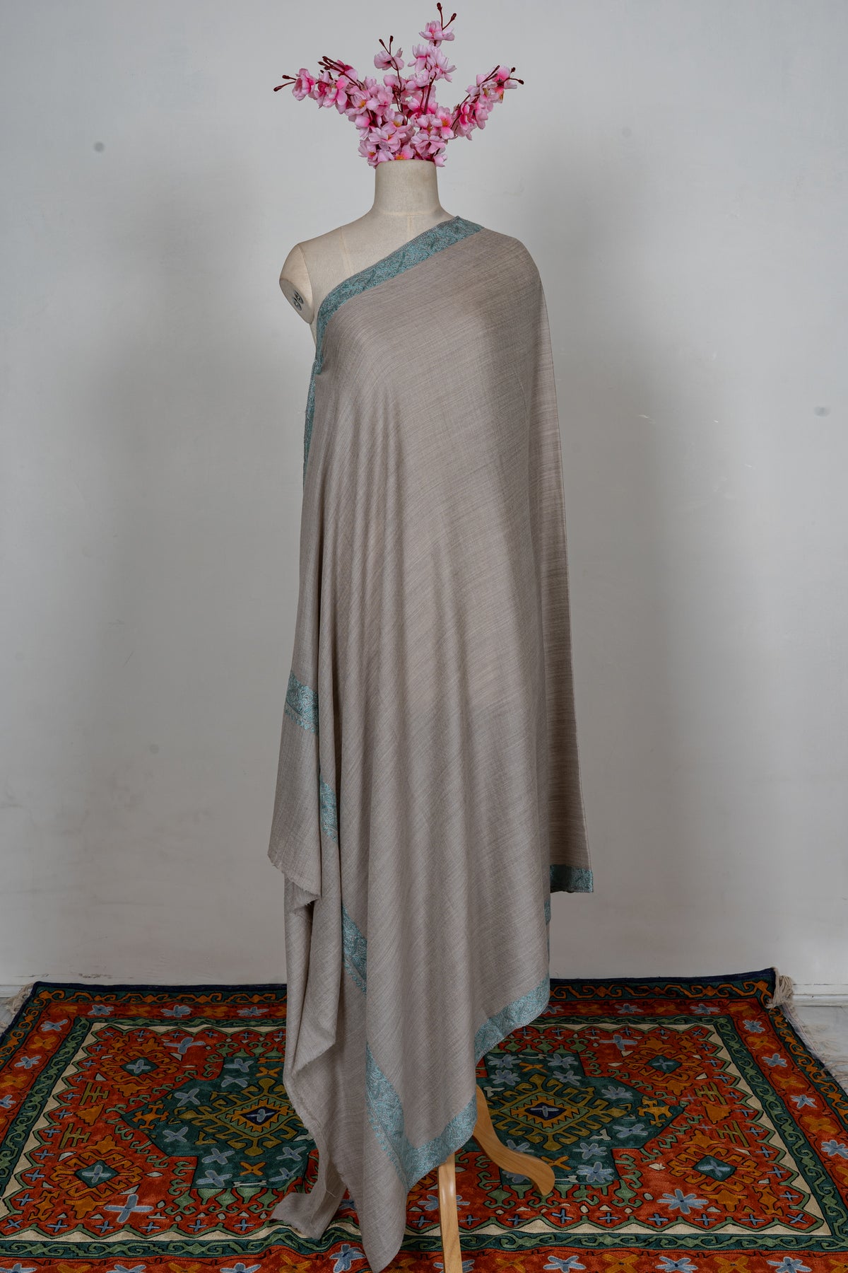 Sand Taupe Mint Edge: Merino Wool Hand Embroidered 2.5 Yards Shawl