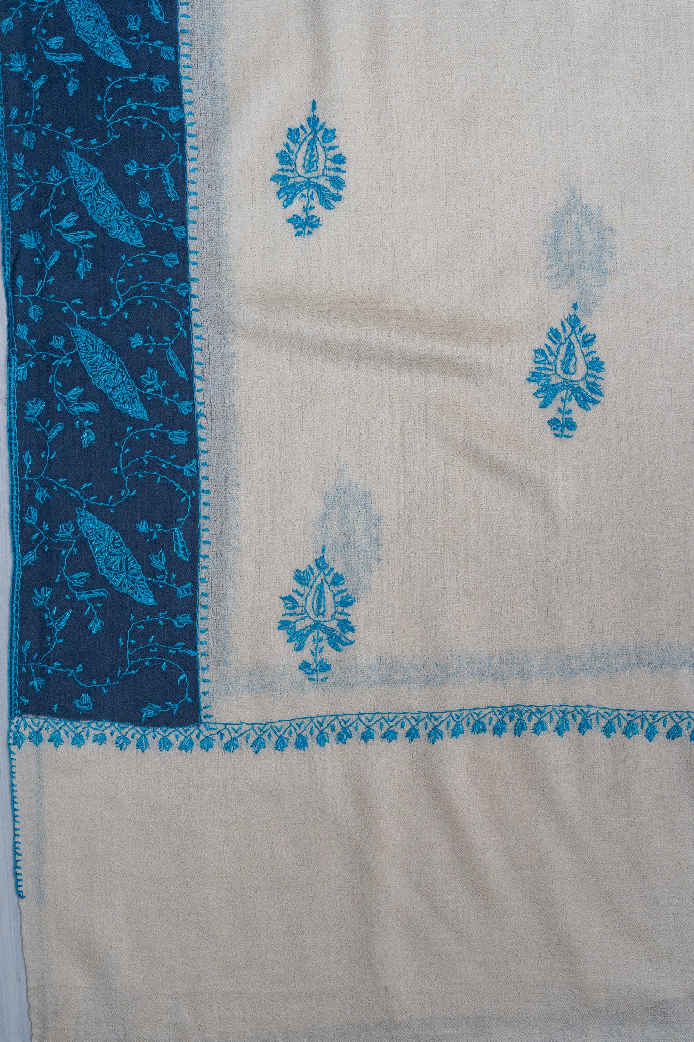 2.5 Yards Sozni Hand Embroidered Shawl in Sapphire Blue Paisley Field