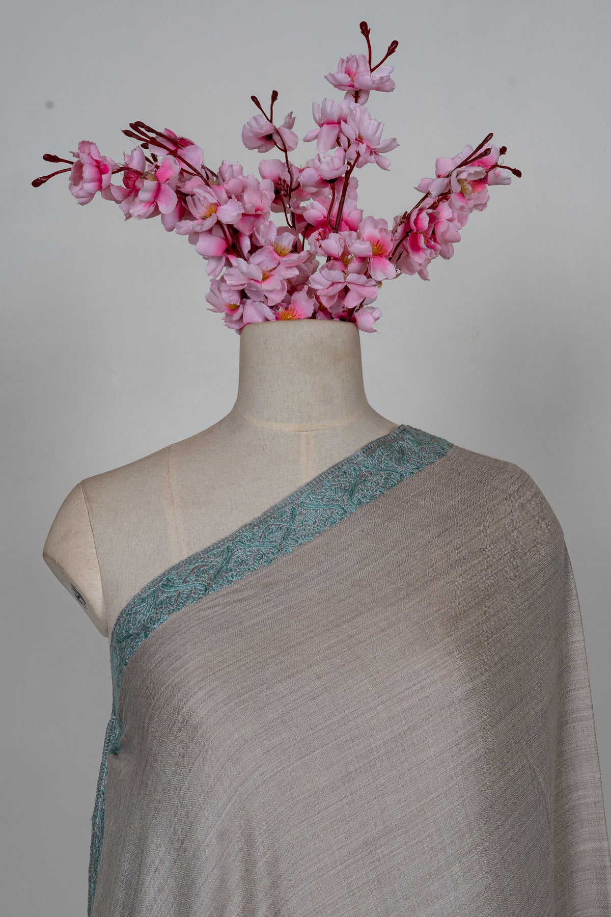 Sand Taupe Mint Edge: Merino Wool Hand Embroidered 2.5 Yards Shawl