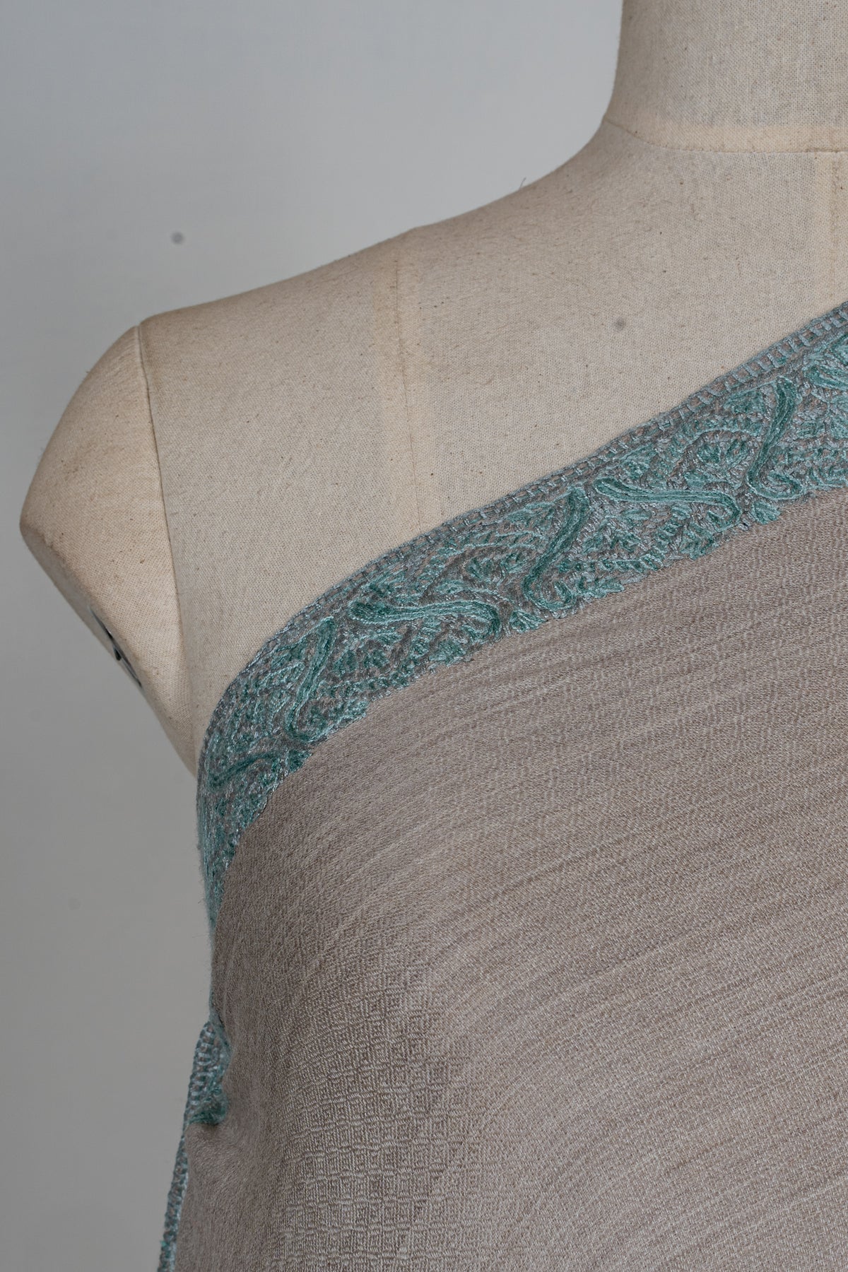 Sand Taupe Mint Edge: Merino Wool Hand Embroidered 2.5 Yards Shawl