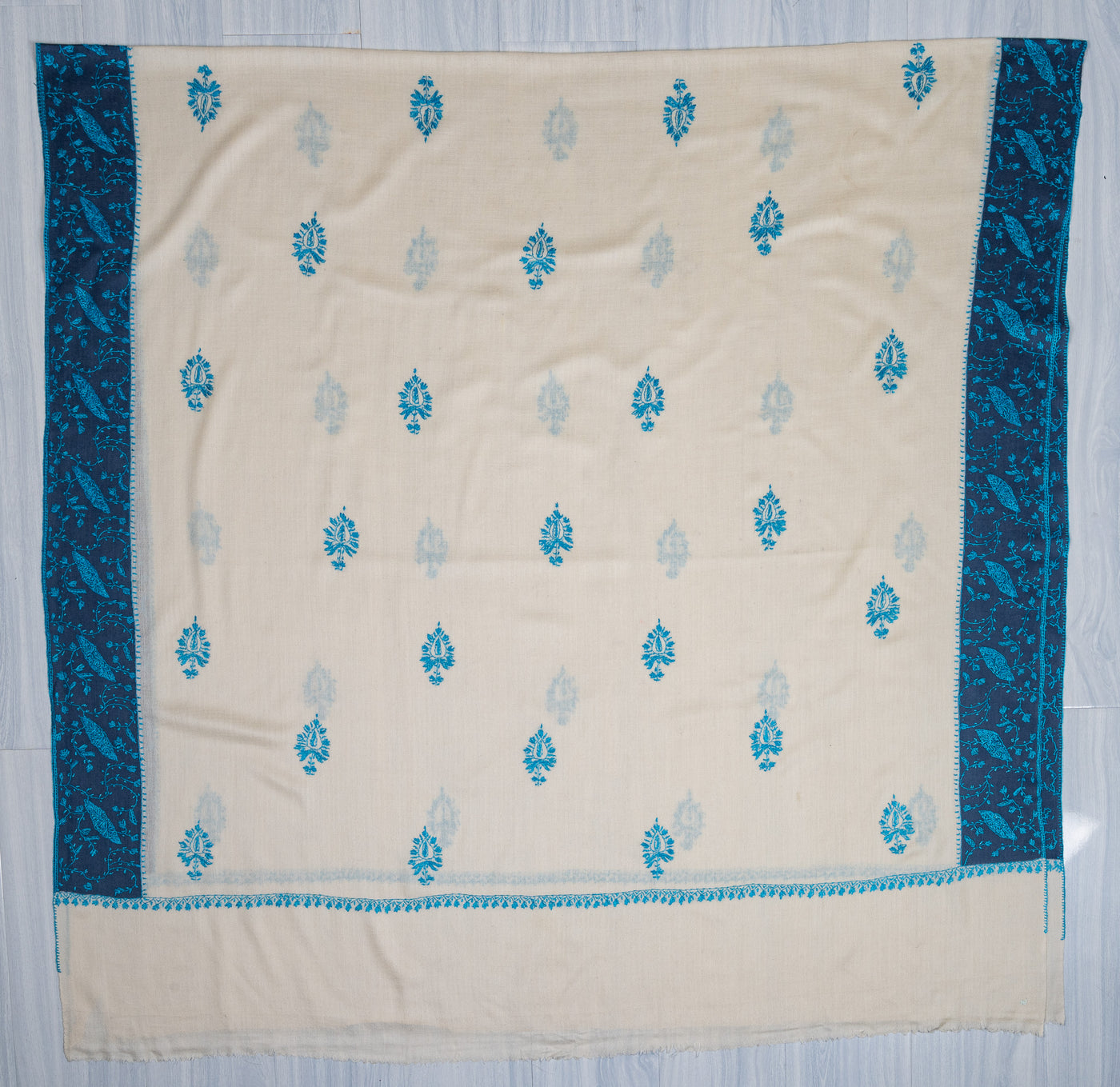 2.5 Yards Sozni Hand Embroidered Shawl in Sapphire Blue Paisley Field