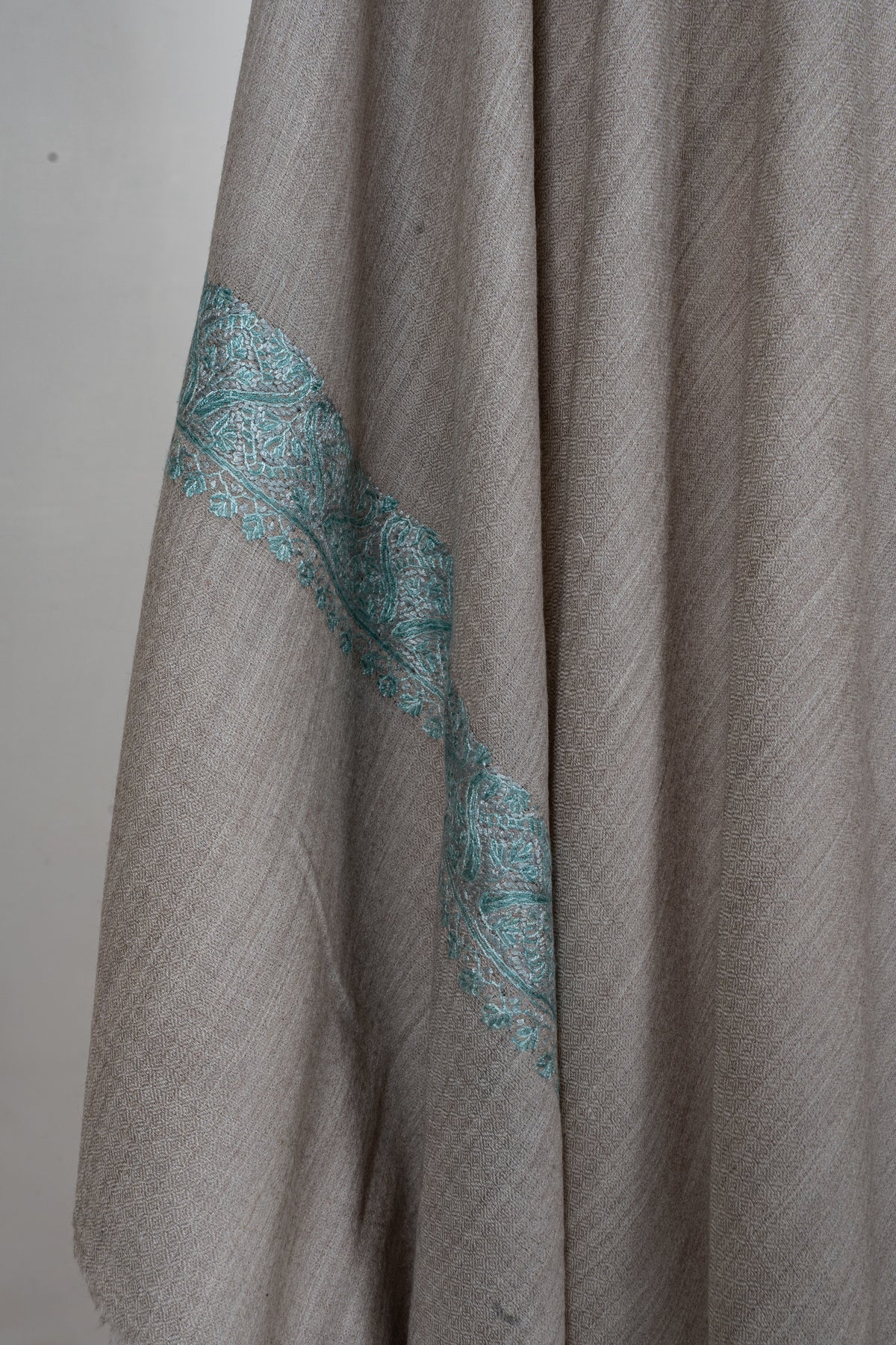 Sand Taupe Mint Edge: Merino Wool Hand Embroidered 2.5 Yards Shawl