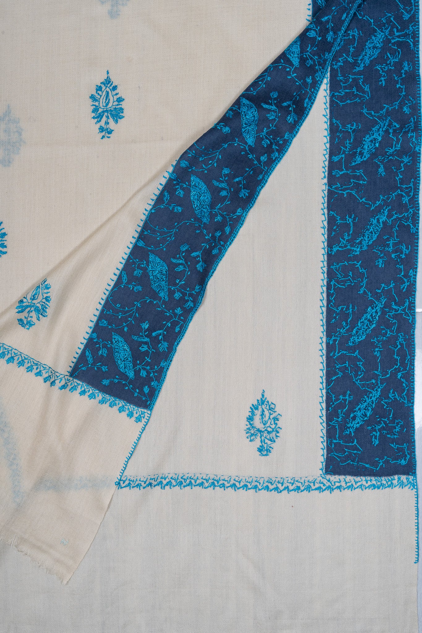 2.5 Yards Sozni Hand Embroidered Shawl in Sapphire Blue Paisley Field