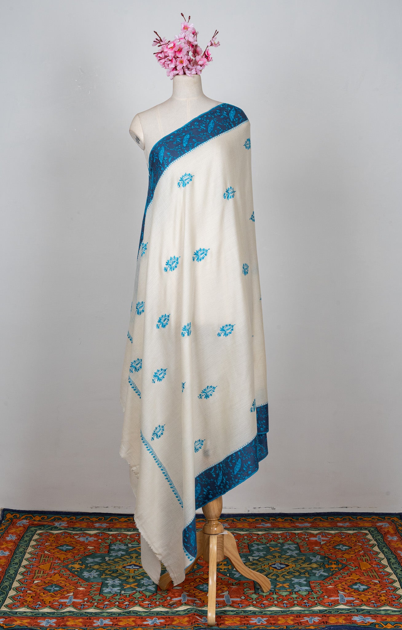 2.5 Yards Sozni Hand Embroidered Shawl in Sapphire Blue Paisley Field