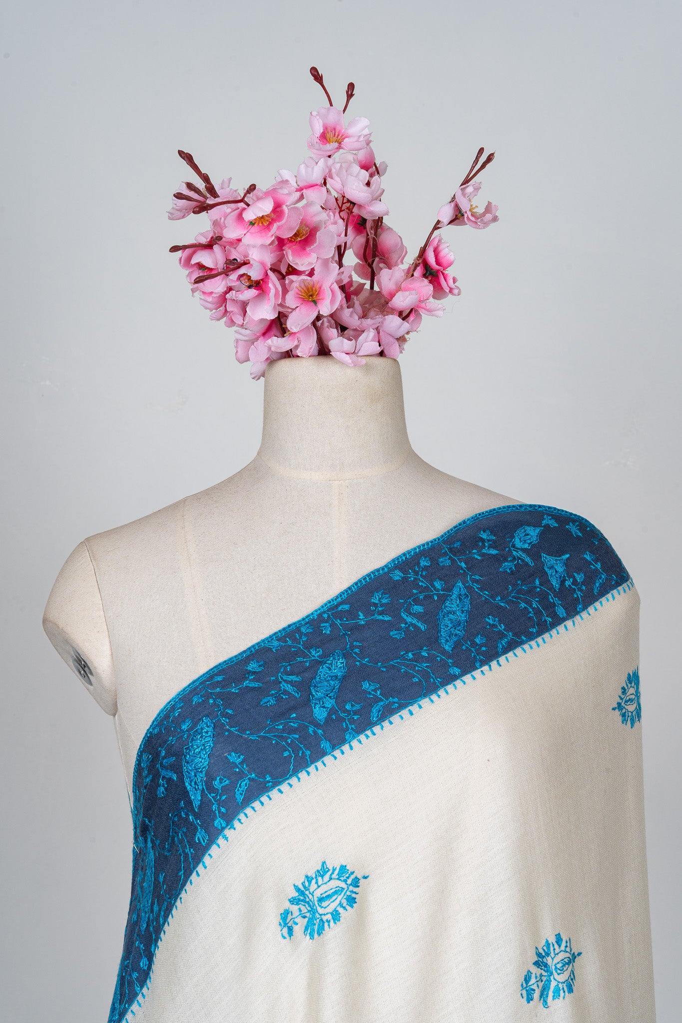 2.5 Yards Sozni Hand Embroidered Shawl in Sapphire Blue Paisley Field