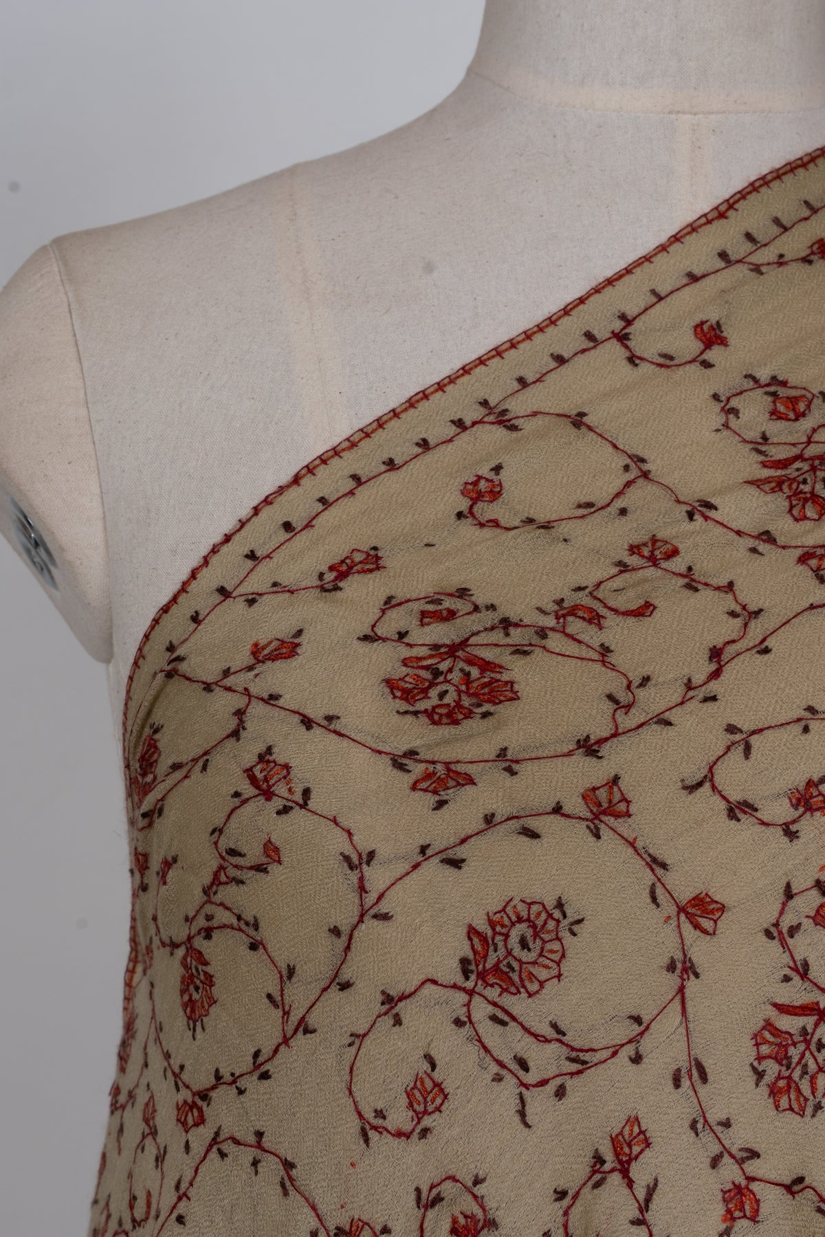 Cream Crimson Floral Lattice: Merino Wool Hand Embroidered