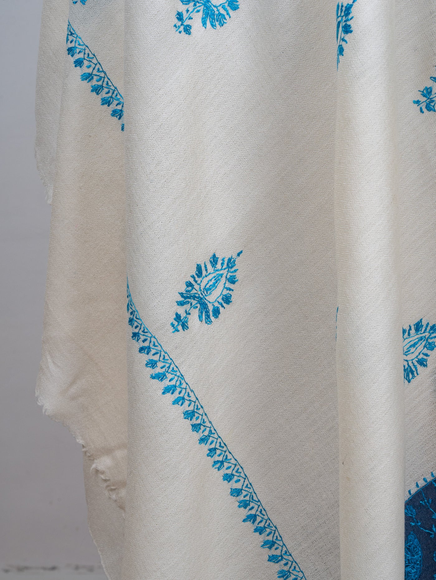 2.5 Yards Sozni Hand Embroidered Shawl in Sapphire Blue Paisley Field