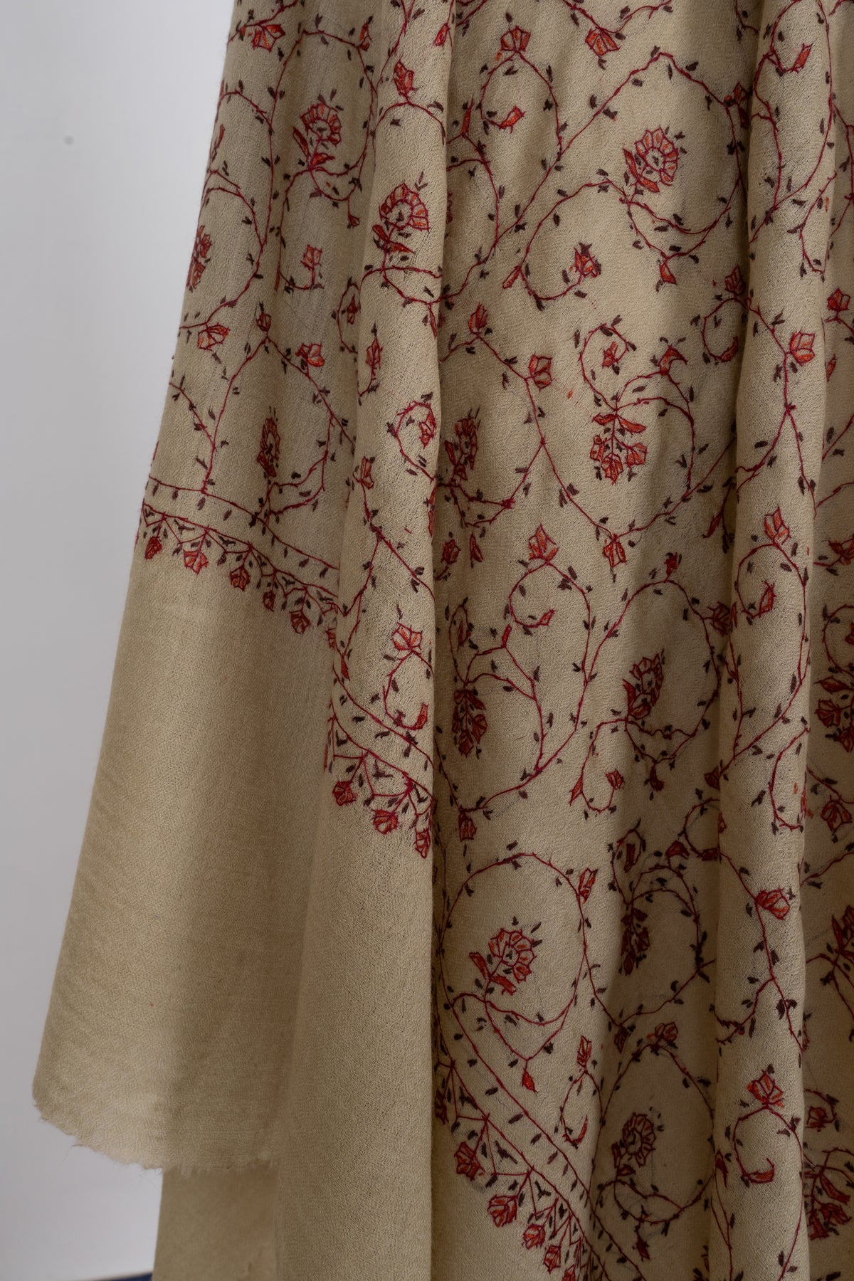 Cream Crimson Floral Lattice: Merino Wool Hand Embroidered