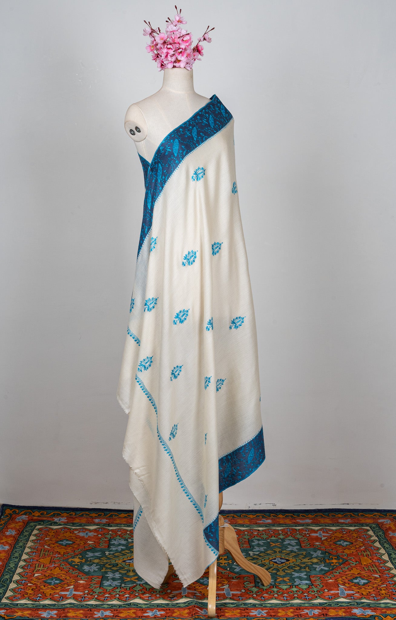 2.5 Yards Sozni Hand Embroidered Shawl in Sapphire Blue Paisley Field