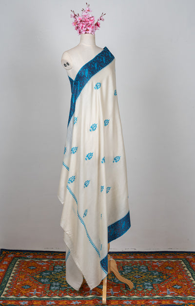 2.5 Yards Sozni Hand Embroidered Shawl in Sapphire Blue Paisley Field