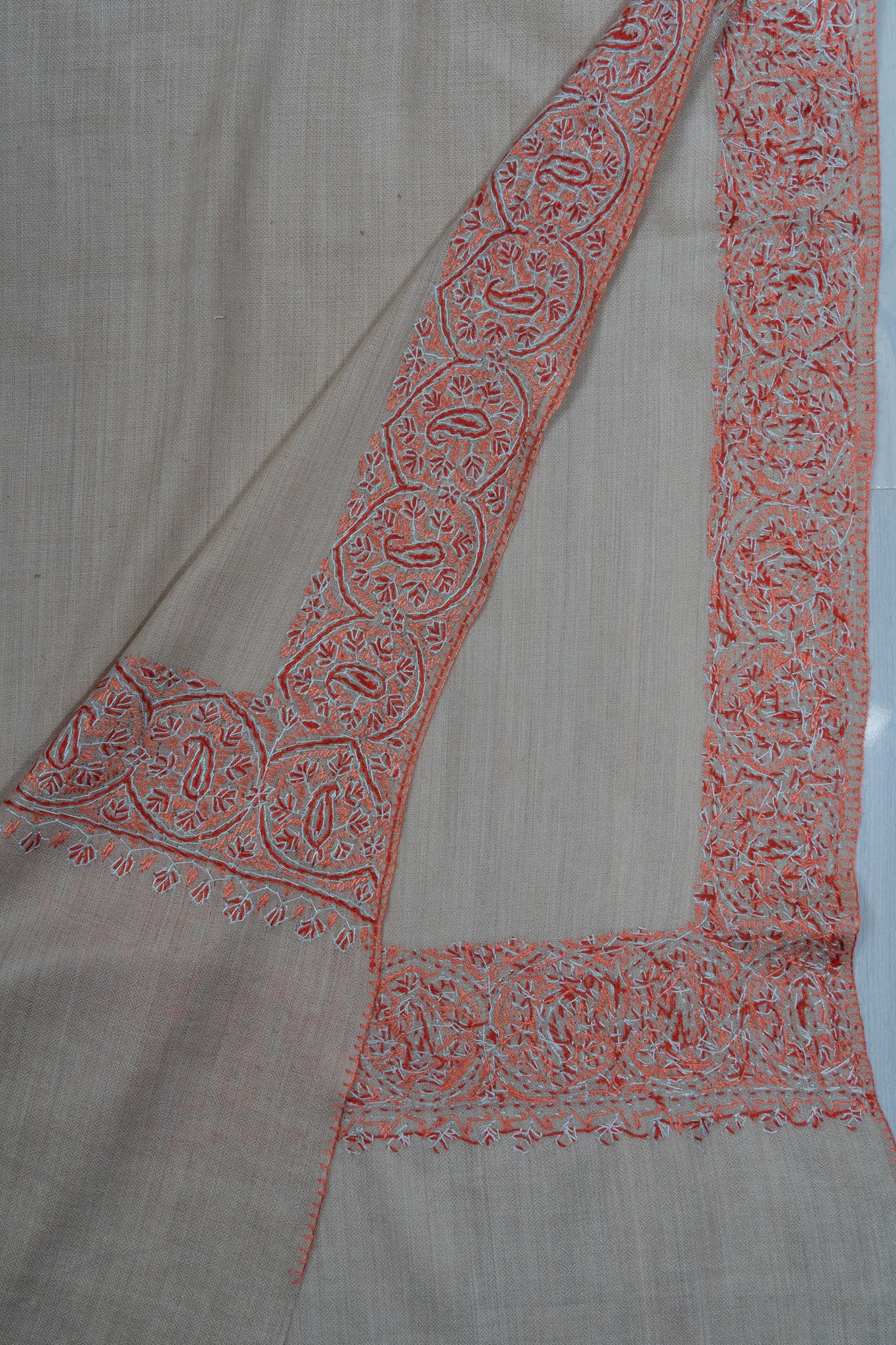 2.5 Yards Sozni Hand Embroidered Shawl in Emerald Green Paisley Spread