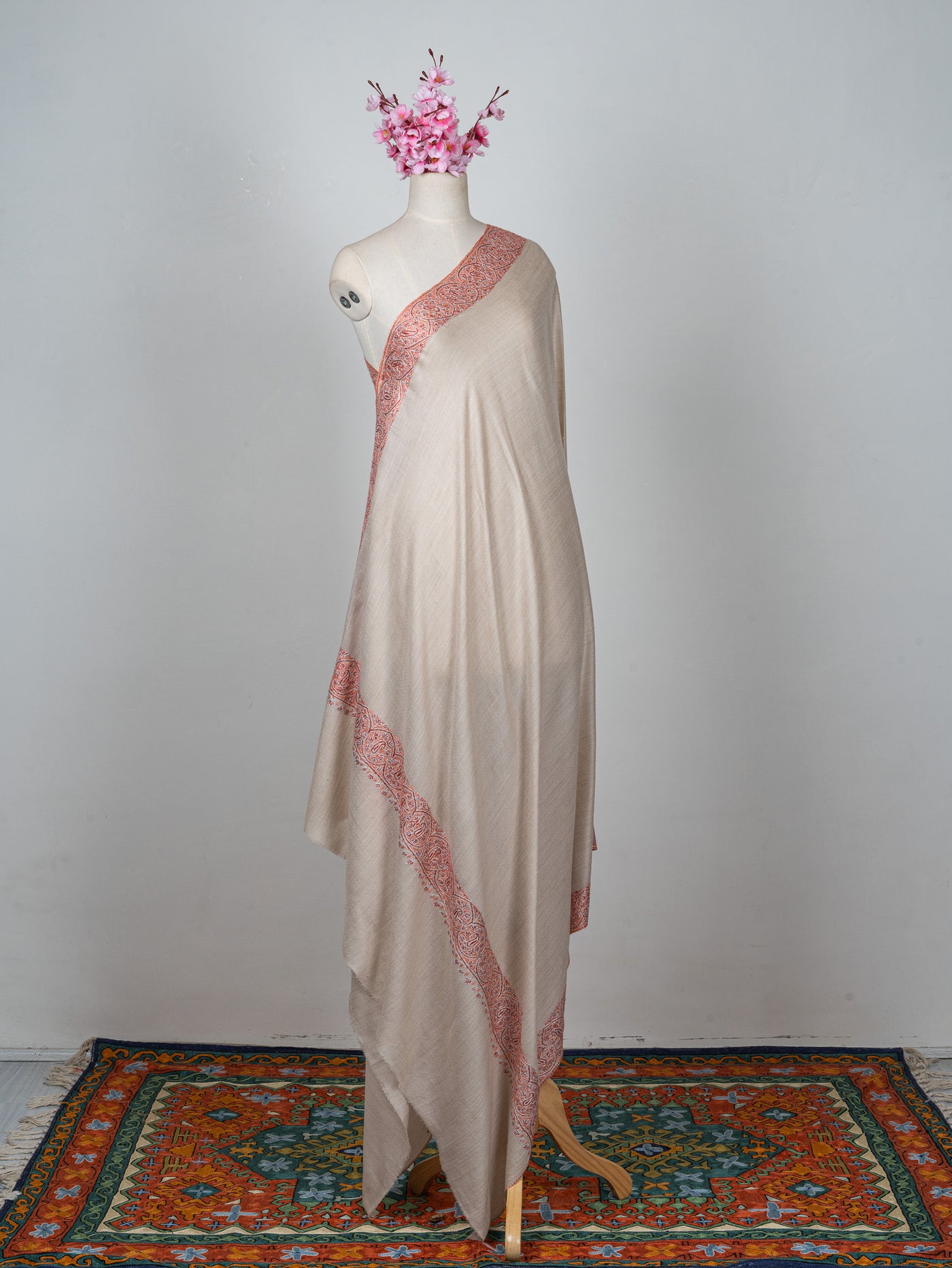 2.5 Yards Sozni Hand Embroidered Shawl in Emerald Green Paisley Spread