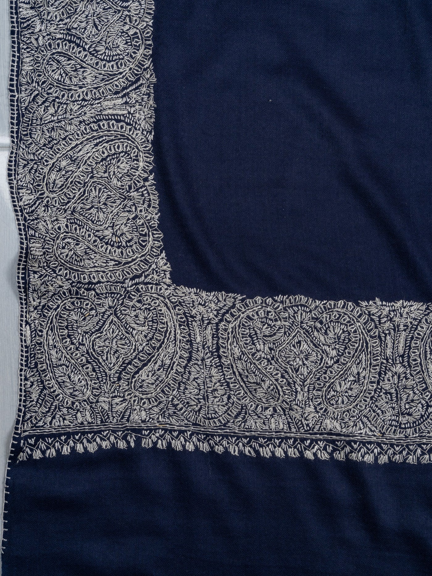 2.5 Yards Sozni Hand Embroidered Shawl in Midnight Navy Paisley Border
