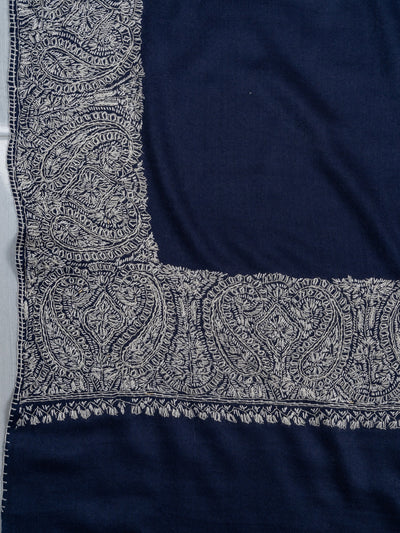 2.5 Yards Sozni Hand Embroidered Shawl in Midnight Navy Paisley Border