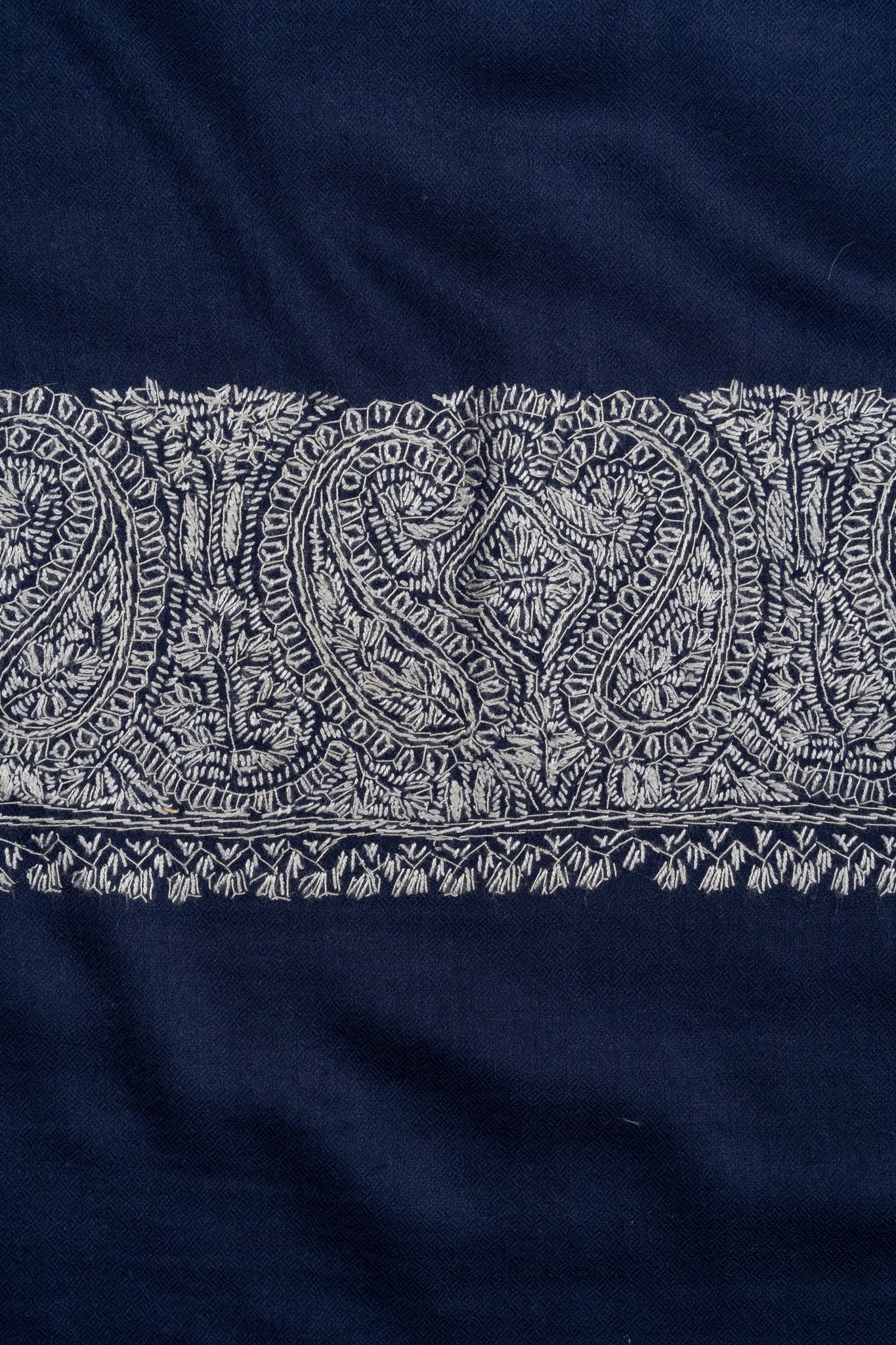2.5 Yards Sozni Hand Embroidered Shawl in Midnight Navy Paisley Border