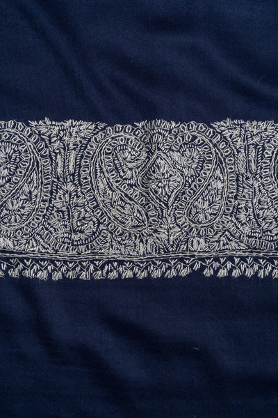 2.5 Yards Sozni Hand Embroidered Shawl in Midnight Navy Paisley Border