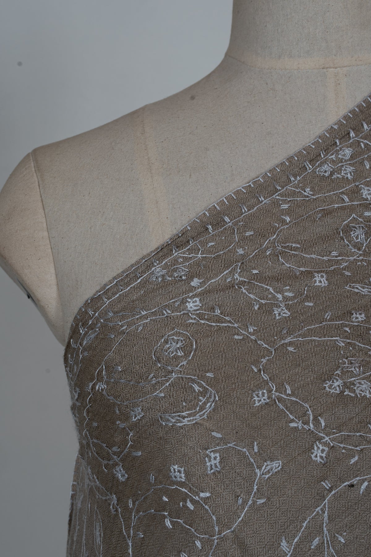 Taupe Ivory Floral Mist: Merino Wool Hand Embroidered 2.5 Yards Shawl