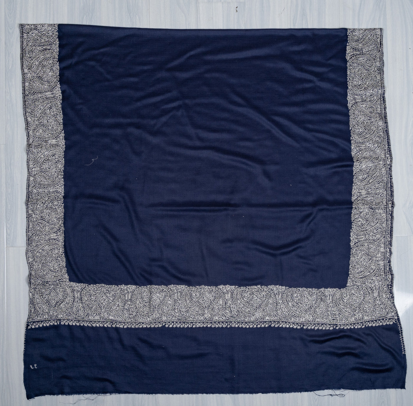 2.5 Yards Sozni Hand Embroidered Shawl in Midnight Navy Paisley Border