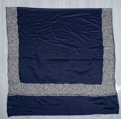 2.5 Yards Sozni Hand Embroidered Shawl in Midnight Navy Paisley Border