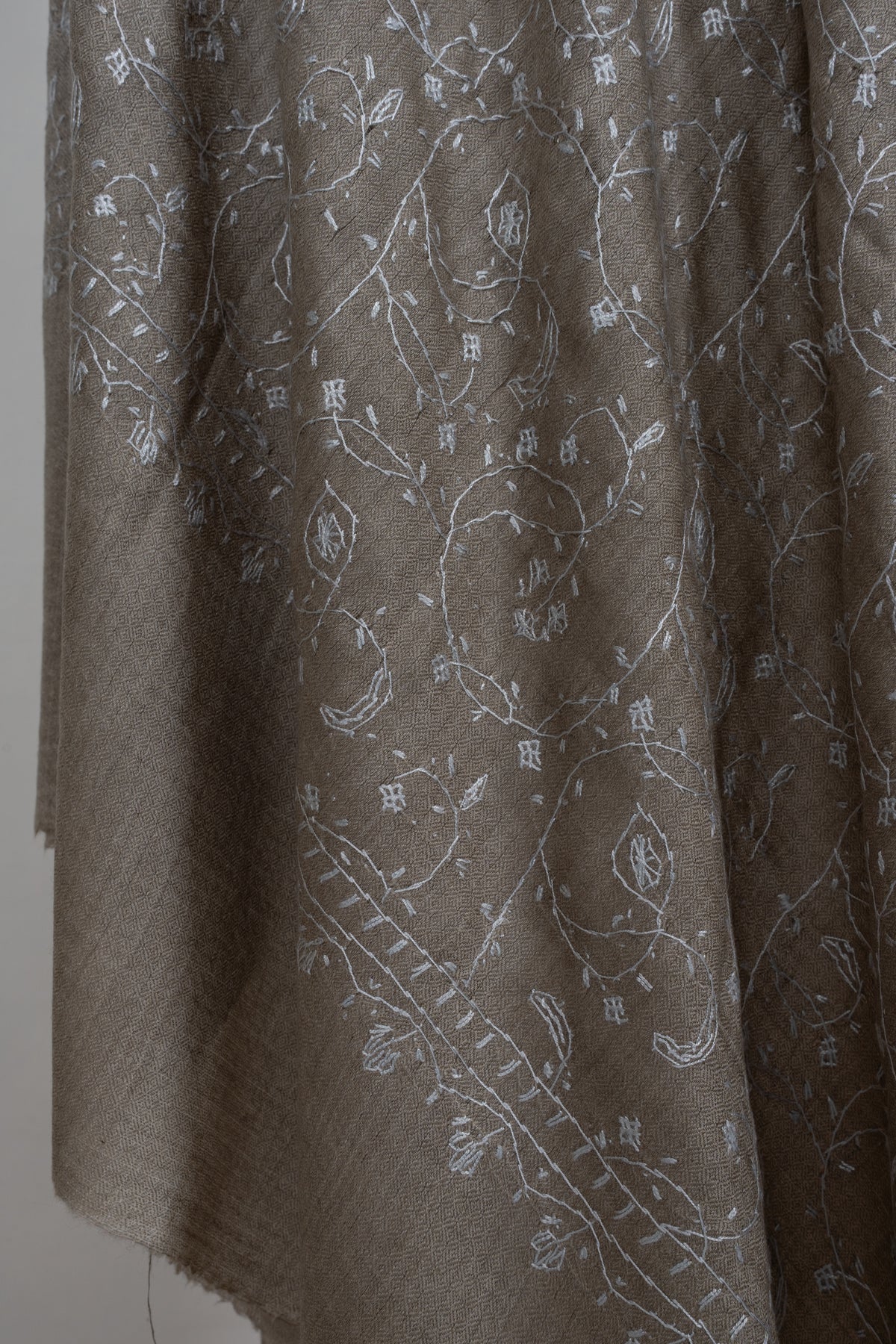 Taupe Ivory Floral Mist: Merino Wool Hand Embroidered 2.5 Yards Shawl