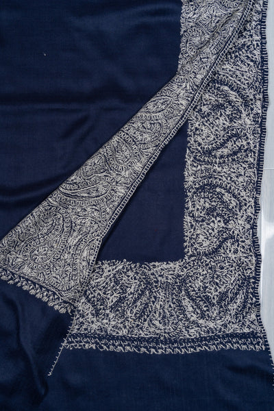 2.5 Yards Sozni Hand Embroidered Shawl in Midnight Navy Paisley Border