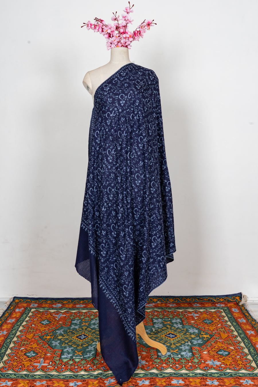Royal Indigo Vine Weave: Merino Wool Hand Embroidered 2.5 Yards Shawl