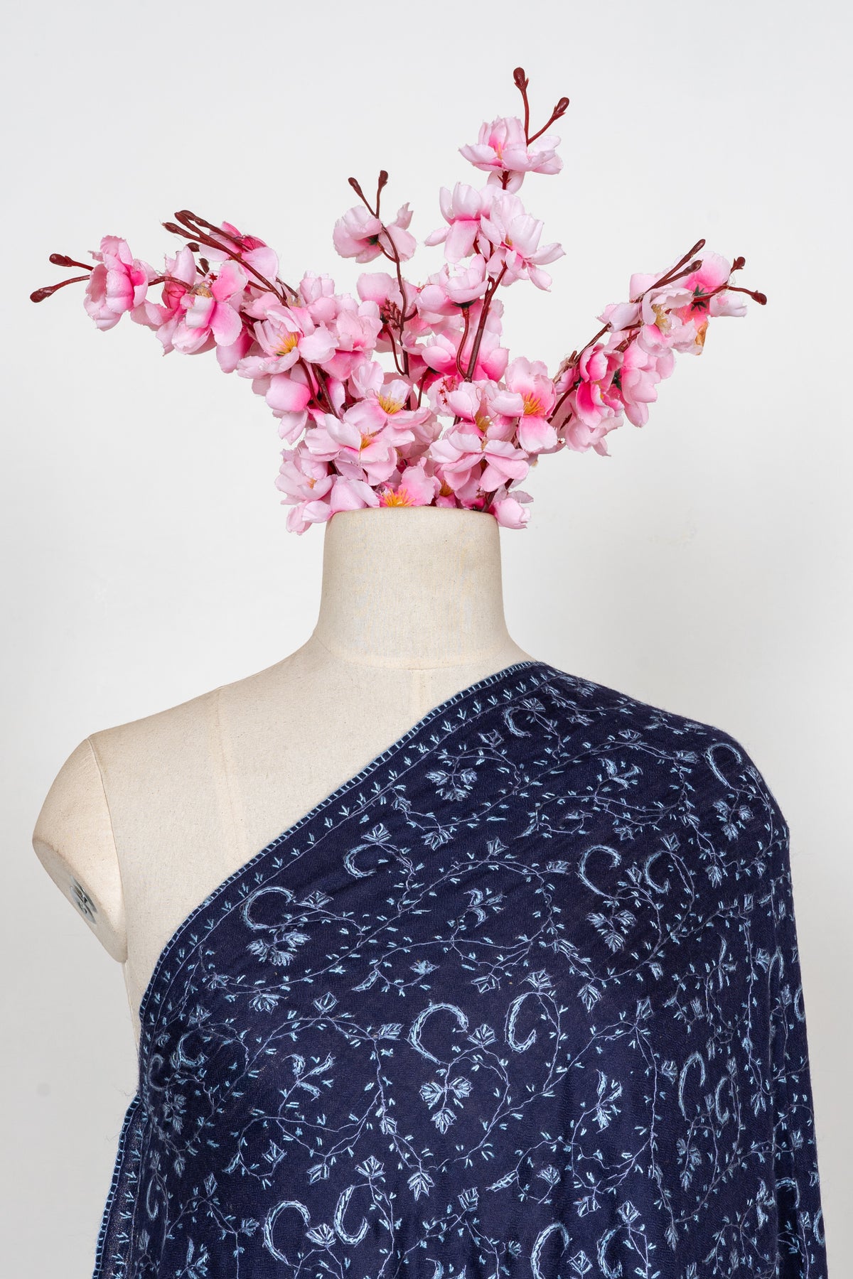 Royal Indigo Vine Weave: Merino Wool Hand Embroidered 2.5 Yards Shawl