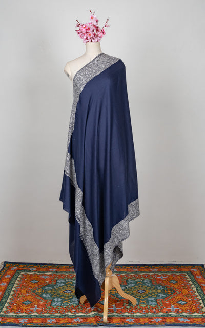 2.5 Yards Sozni Hand Embroidered Shawl in Midnight Navy Paisley Border