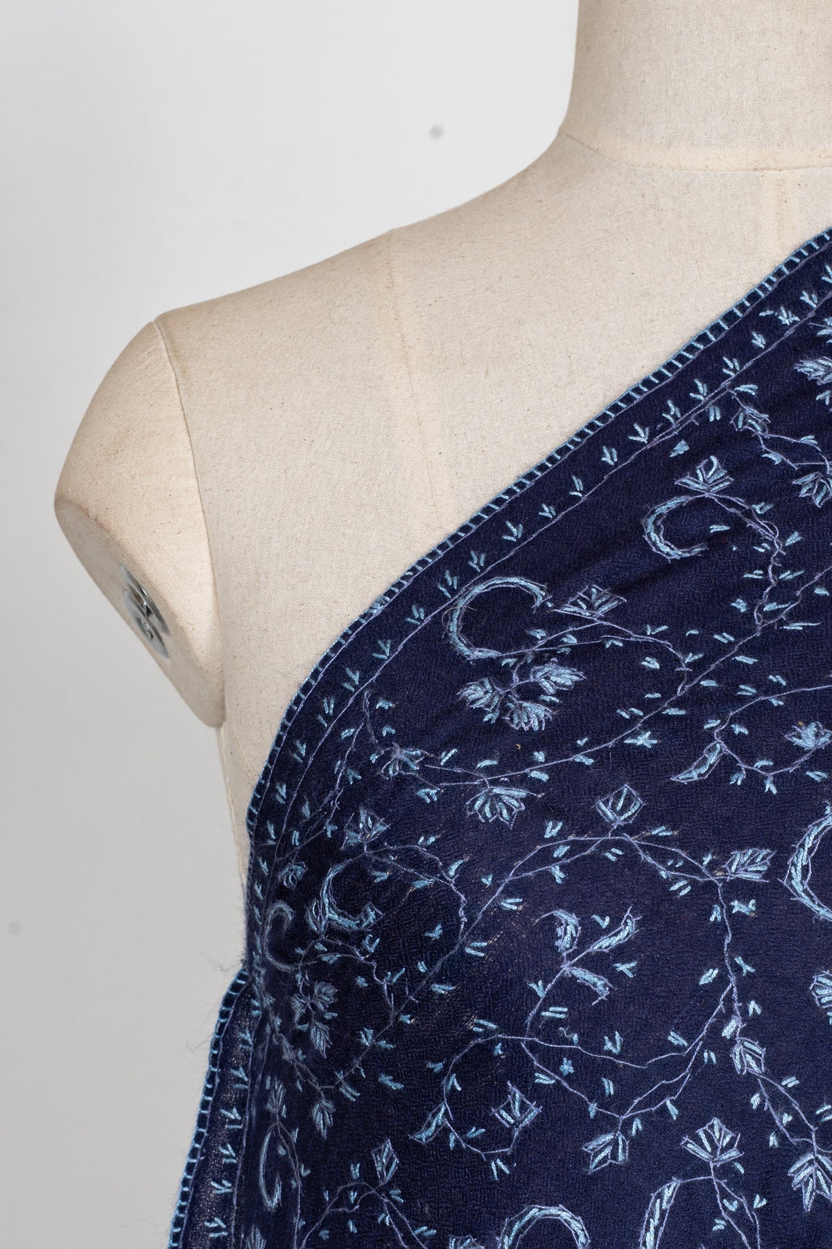 Royal Indigo Vine Weave: Merino Wool Hand Embroidered 2.5 Yards Shawl