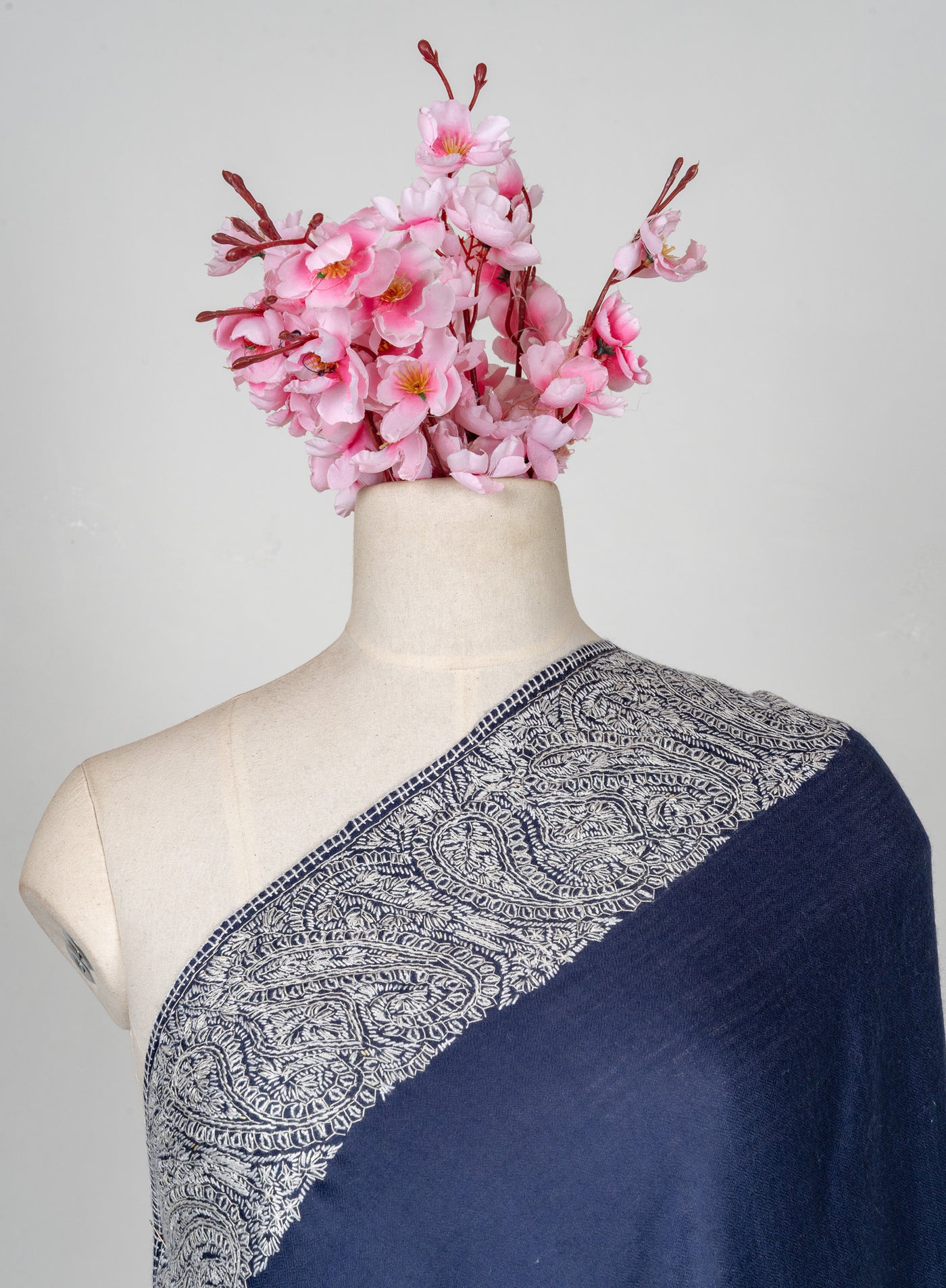 2.5 Yards Sozni Hand Embroidered Shawl in Midnight Navy Paisley Border