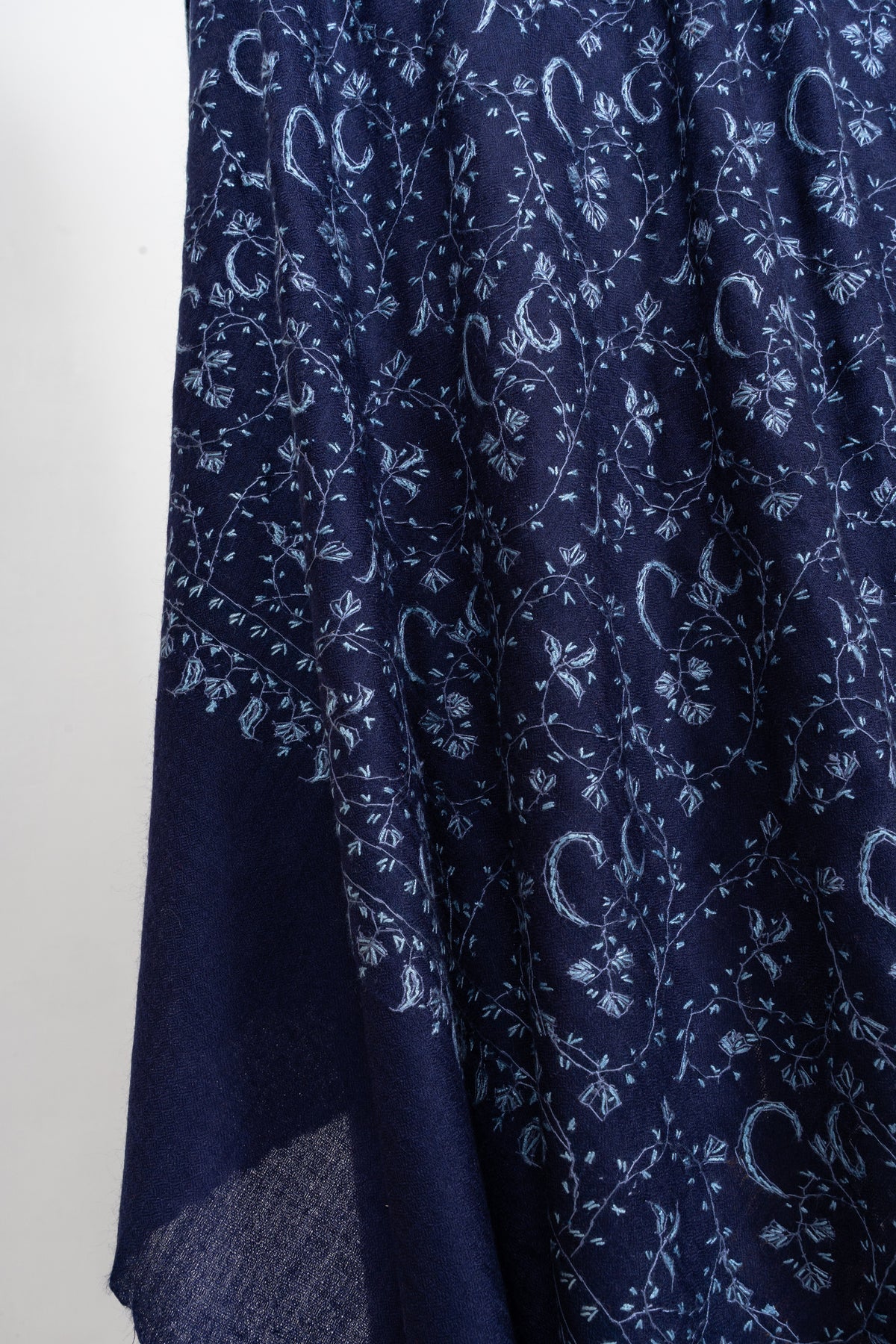 Royal Indigo Vine Weave: Merino Wool Hand Embroidered 2.5 Yards Shawl