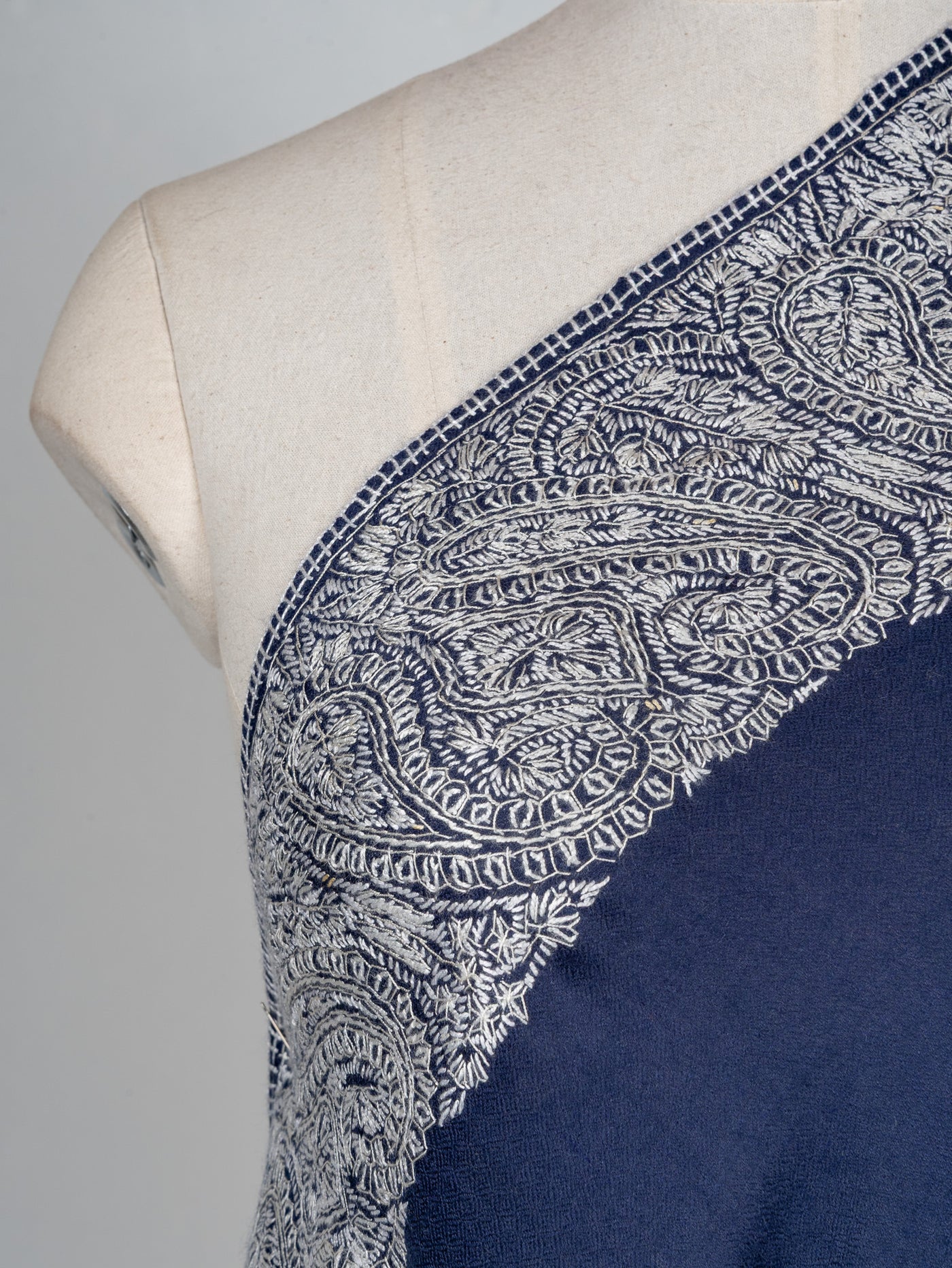 2.5 Yards Sozni Hand Embroidered Shawl in Midnight Navy Paisley Border