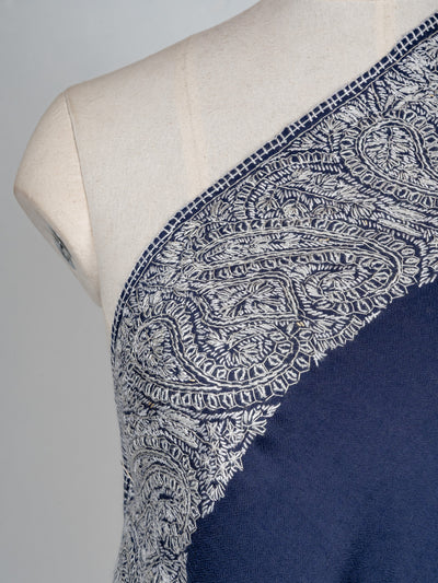 2.5 Yards Sozni Hand Embroidered Shawl in Midnight Navy Paisley Border