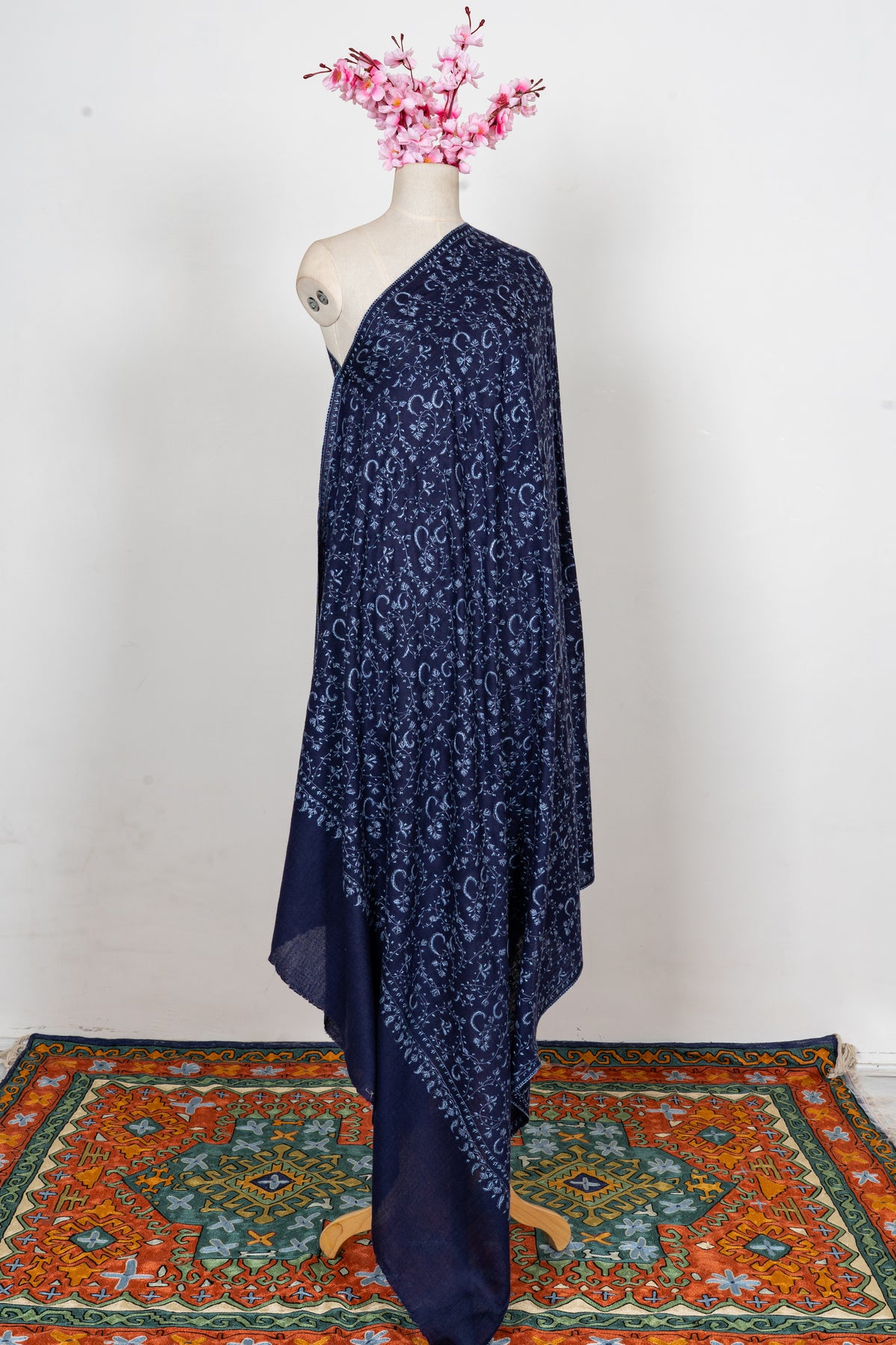 Royal Indigo Vine Weave: Merino Wool Hand Embroidered 2.5 Yards Shawl