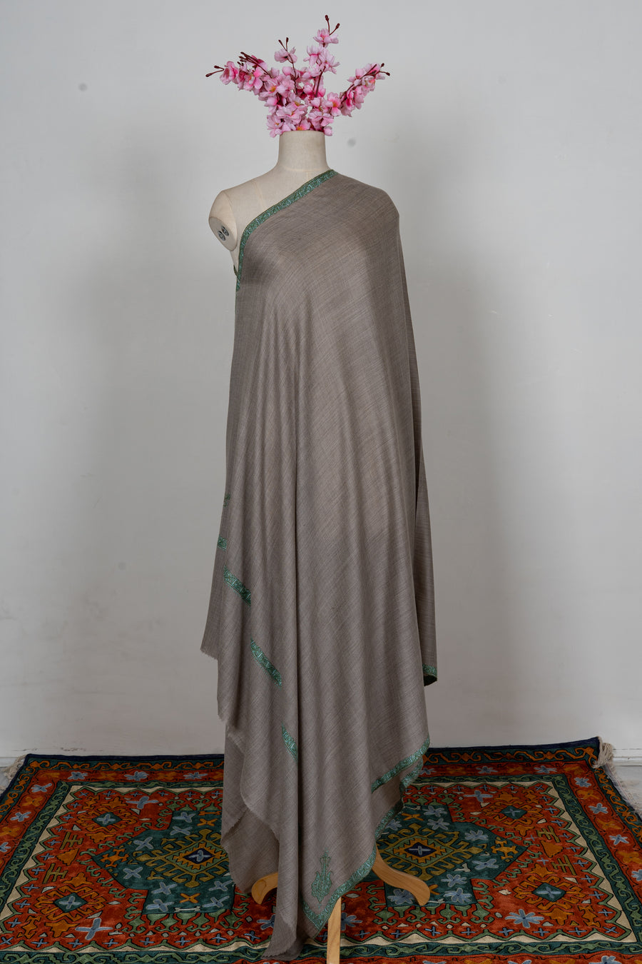 Stone Teal Minimal Edge: Merino Wool Hand Embroidered 2.5 Yards Shawl
