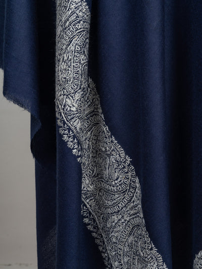 2.5 Yards Sozni Hand Embroidered Shawl in Midnight Navy Paisley Border