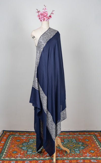 2.5 Yards Sozni Hand Embroidered Shawl in Midnight Navy Paisley Border