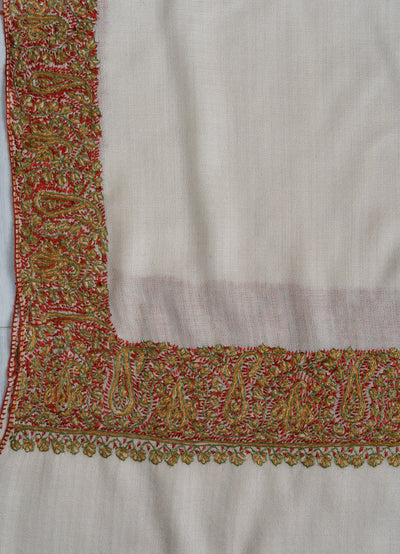 2.5 Yards Sozni Hand Embroidered Shawl in Classic Ivory Gold Border