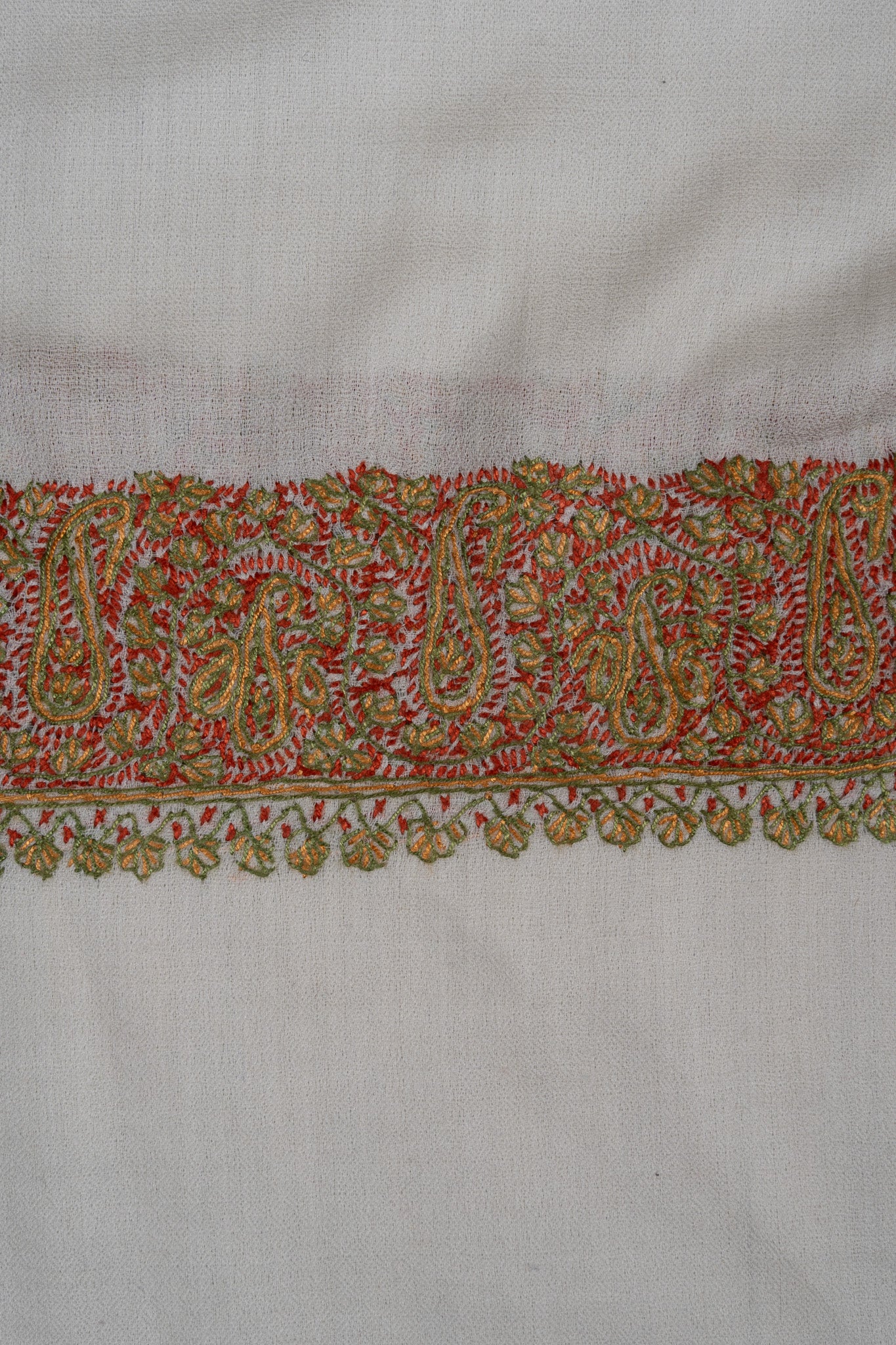 2.5 Yards Sozni Hand Embroidered Shawl in Classic Ivory Gold Border