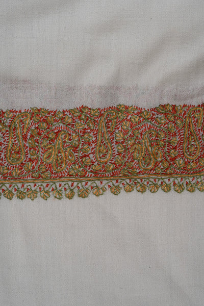 2.5 Yards Sozni Hand Embroidered Shawl in Classic Ivory Gold Border