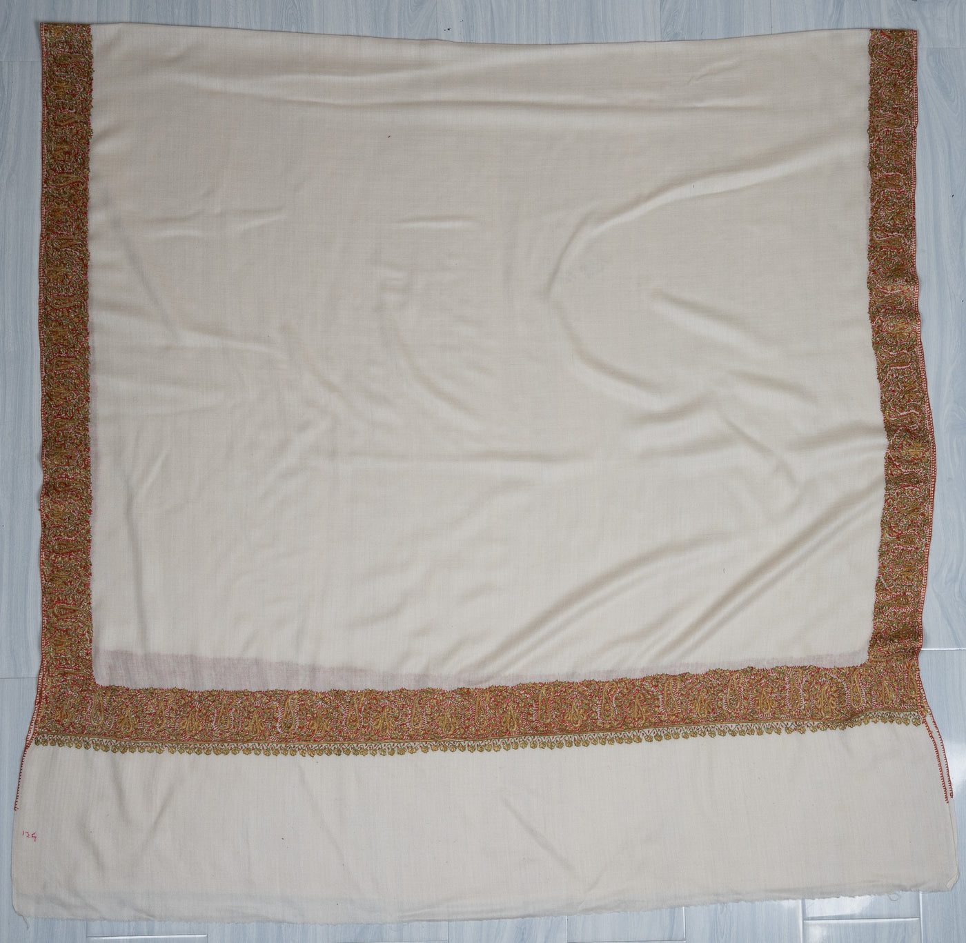 2.5 Yards Sozni Hand Embroidered Shawl in Classic Ivory Gold Border